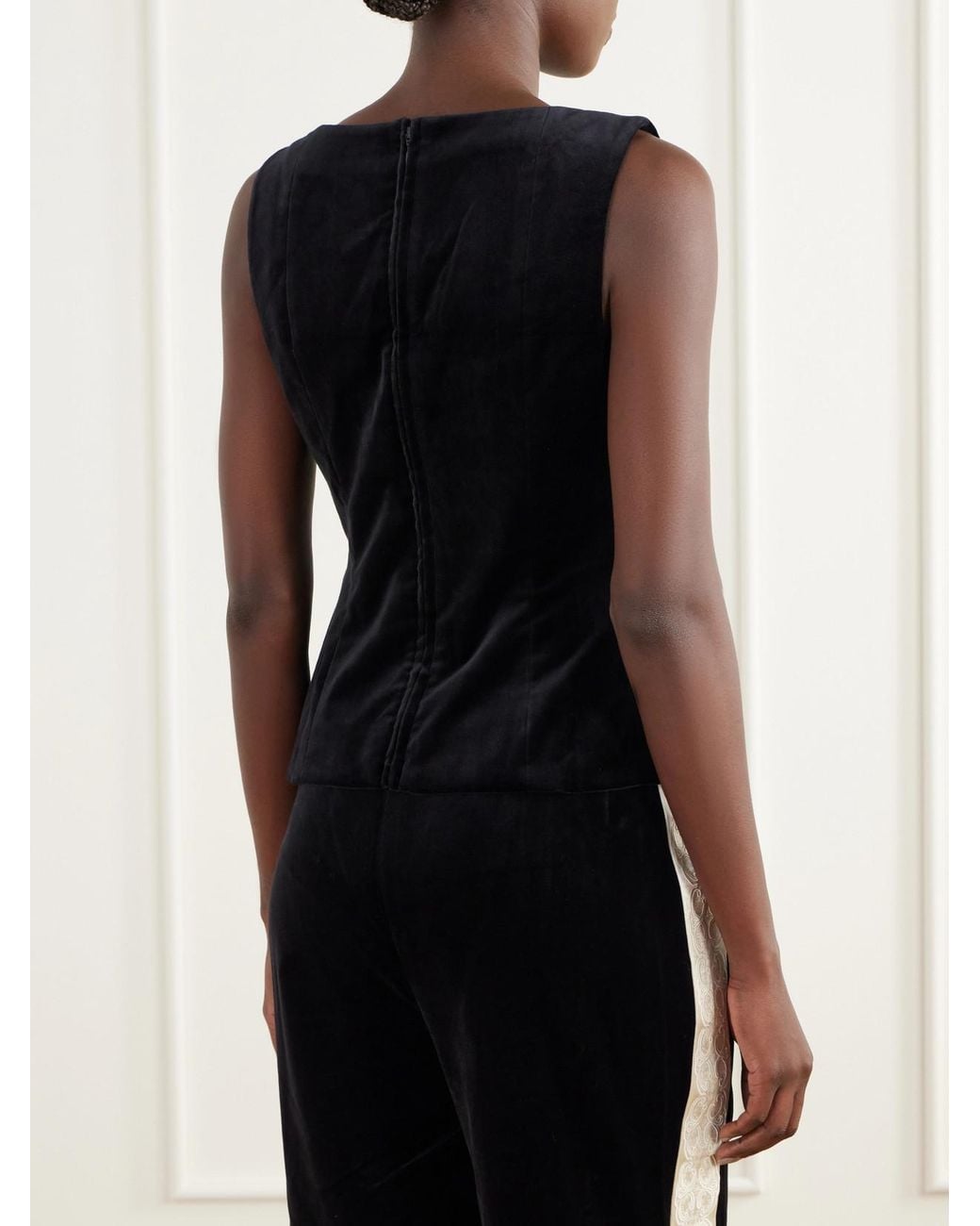 Posse Black Florian Embroidered Satin-Trimmed Cotton-Velvet Top