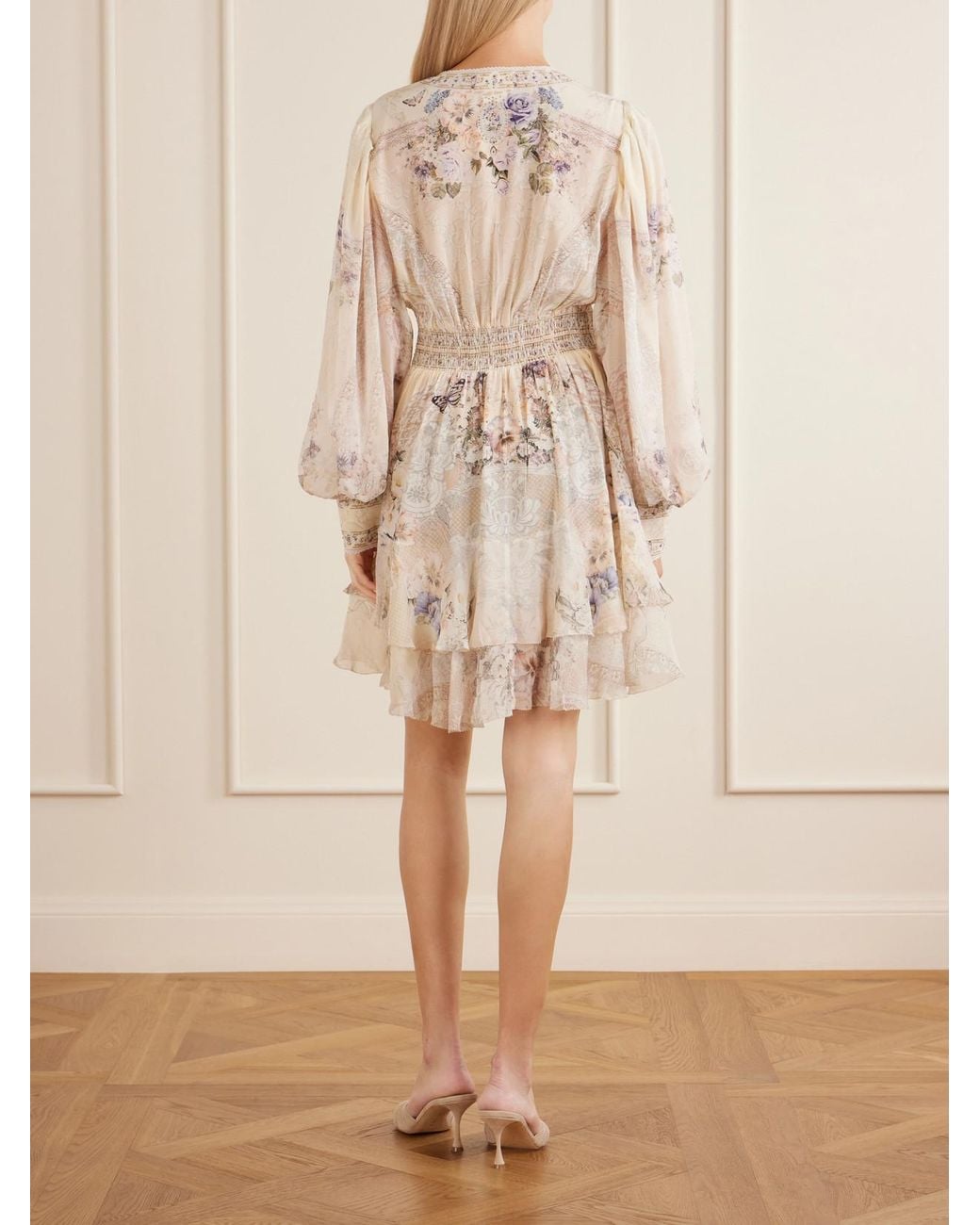 Camilla Natural Printed Embellished Silk-Chiffon Midi Dress