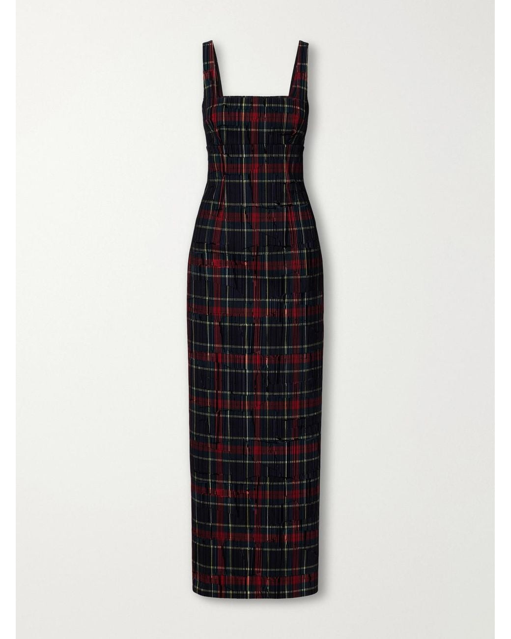 Emilia Wickstead Blue Micheline Checked Flocked Velvet-Trimmed Gabardine Maxi Dress