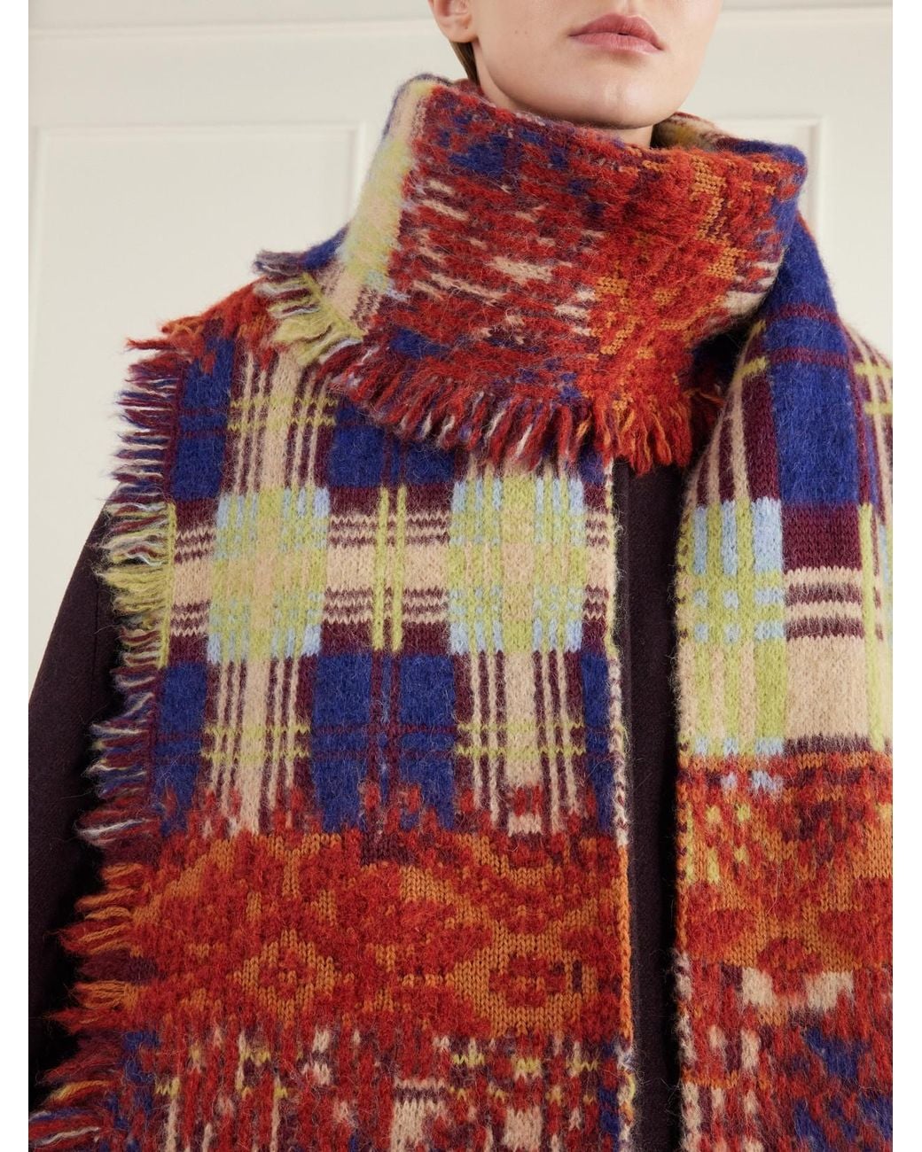 Dries Van Noten Blue Fringe-Trimmed Checked Brushed Wool-Blend Scarf