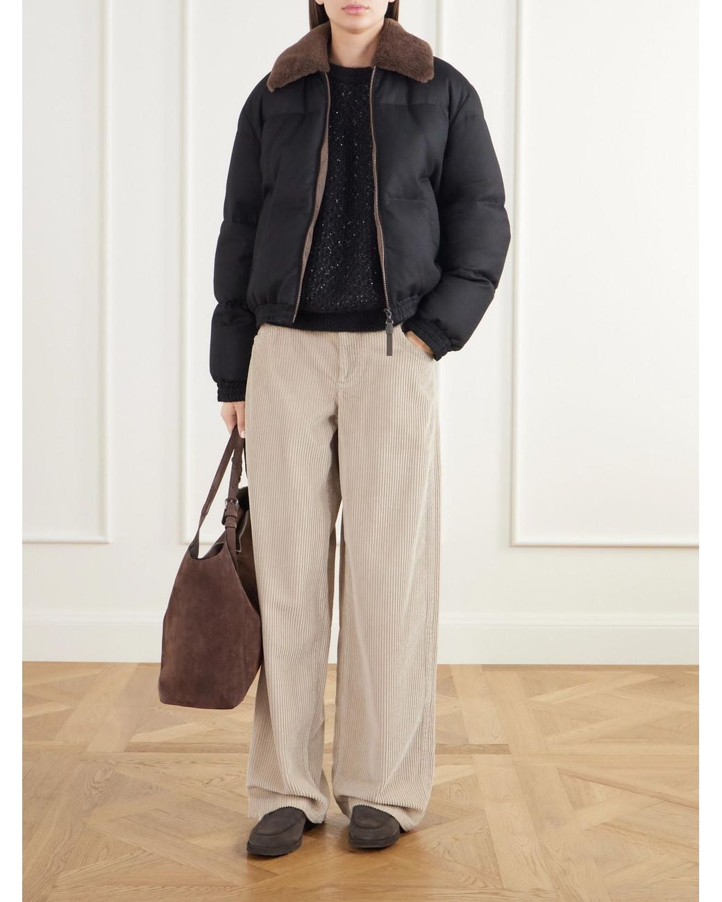 Brunello Cucinelli Black Quilted Shearling-Trimmed Wool-Twill Down Jacket