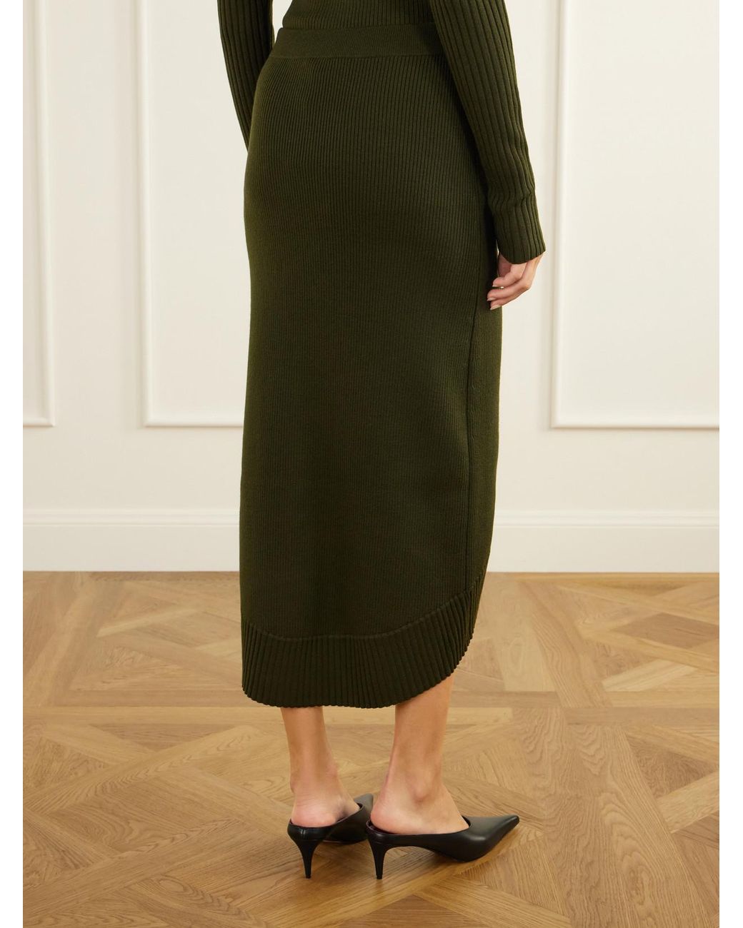 Victoria Beckham Green Ribbed Wool-Blend Midi Skirt