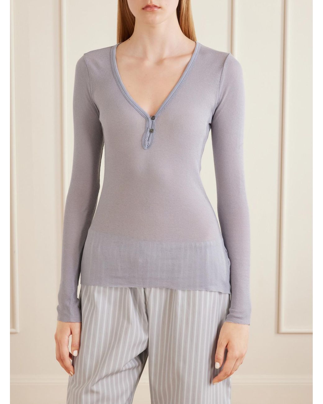 James Perse Purple Ribbed Cotton And Cashmere-Blend T-Shirt