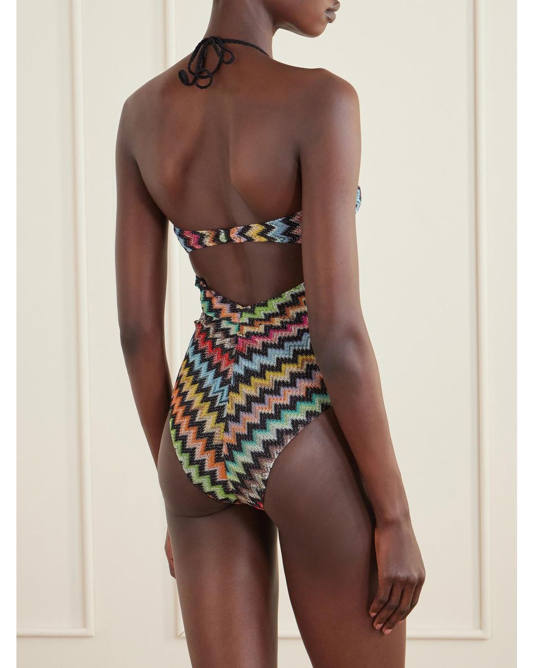 Missoni White Striped Metallic Crochet-Knit Swimsuit