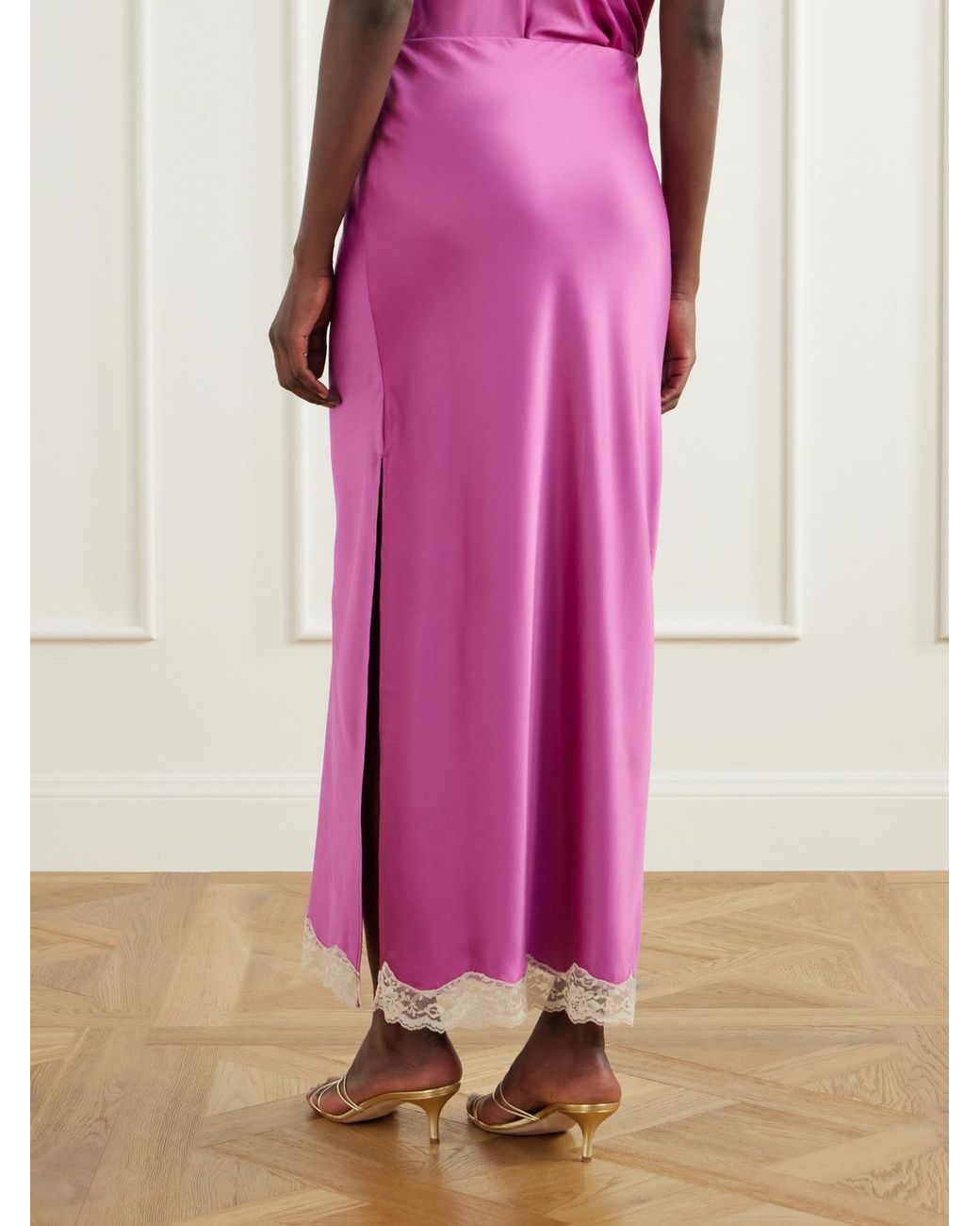 Anna Sui Pink Lace-Trimmed Embroidered Satin Maxi Skirt
