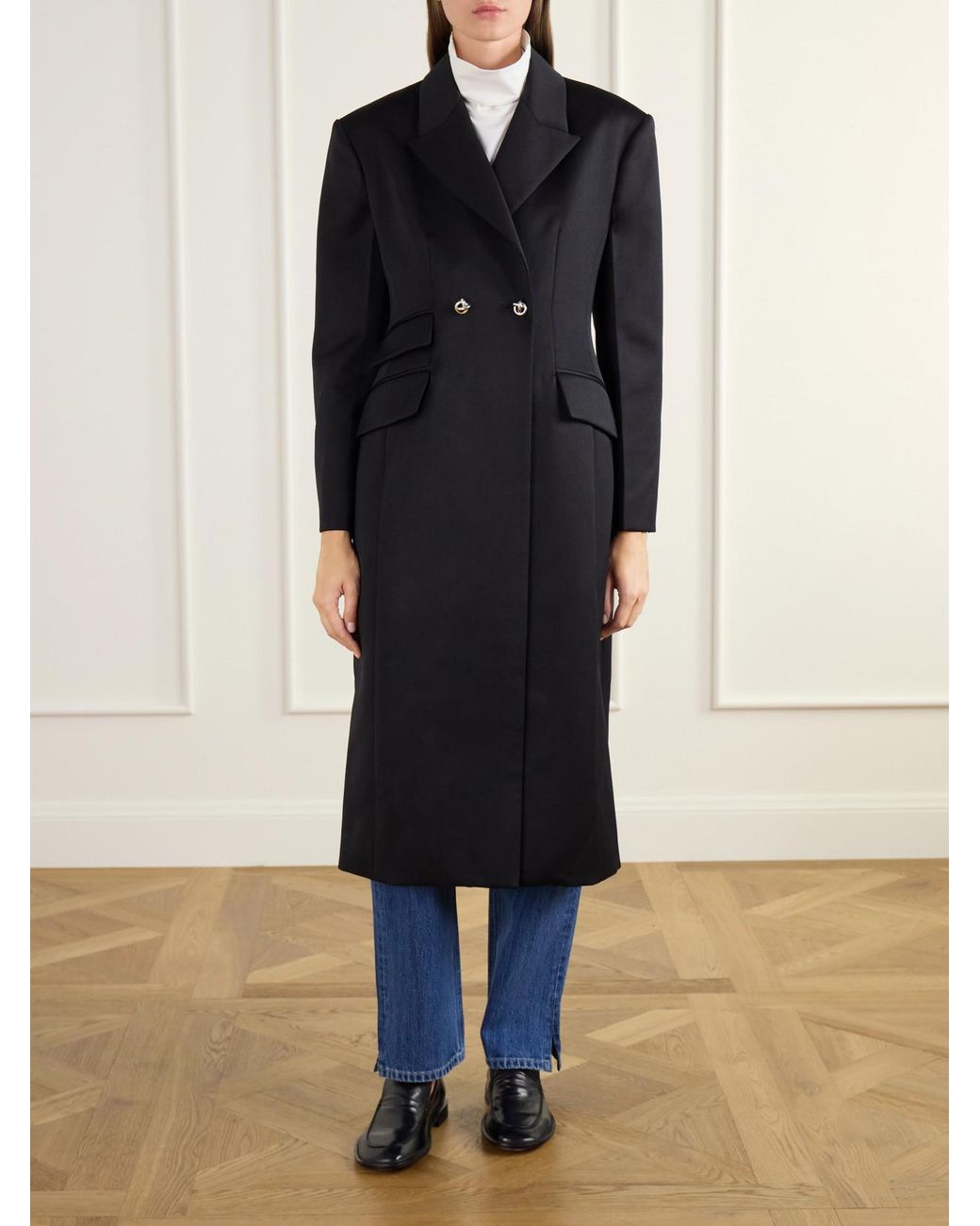 RÙADH Black The Ophelia Double-Breasted Satin-Trimmed Wool-Twill Coat