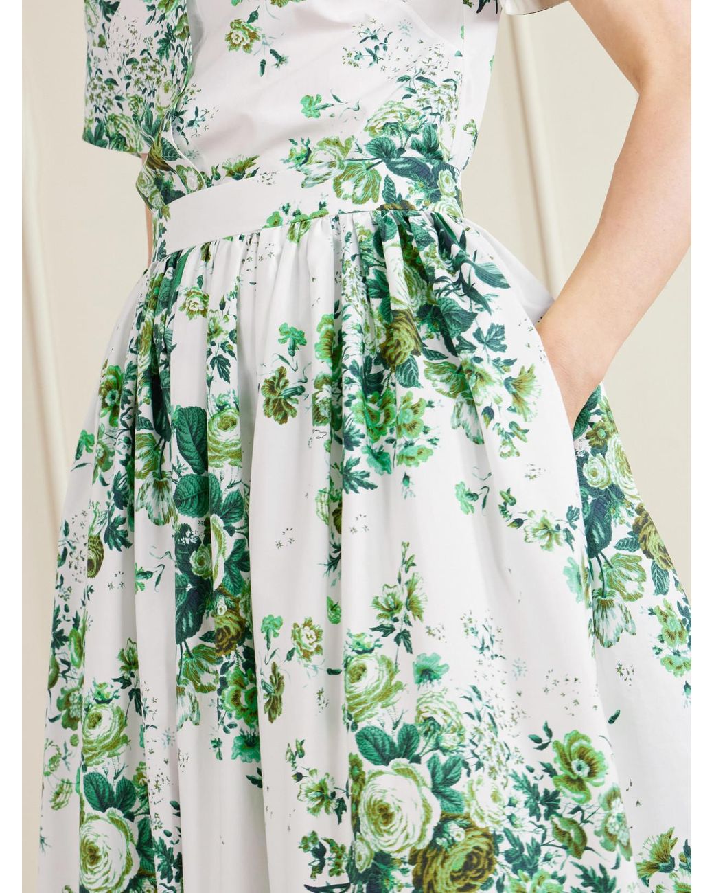 Erdem Green Pleated Floral-Print Cotton-Poplin Midi Skirt