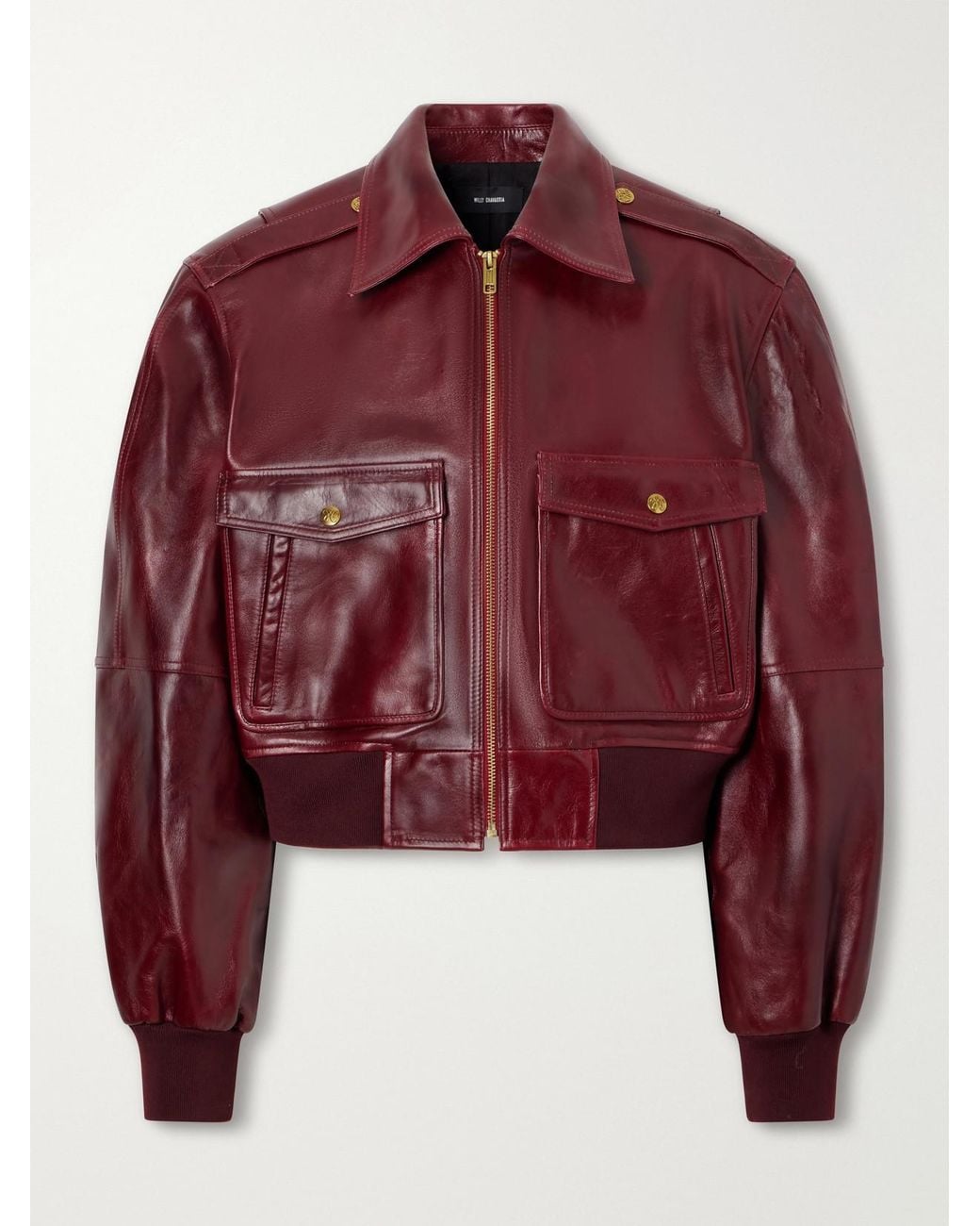 Willy Chavarria Red Cropped Leather Bomber Jacket