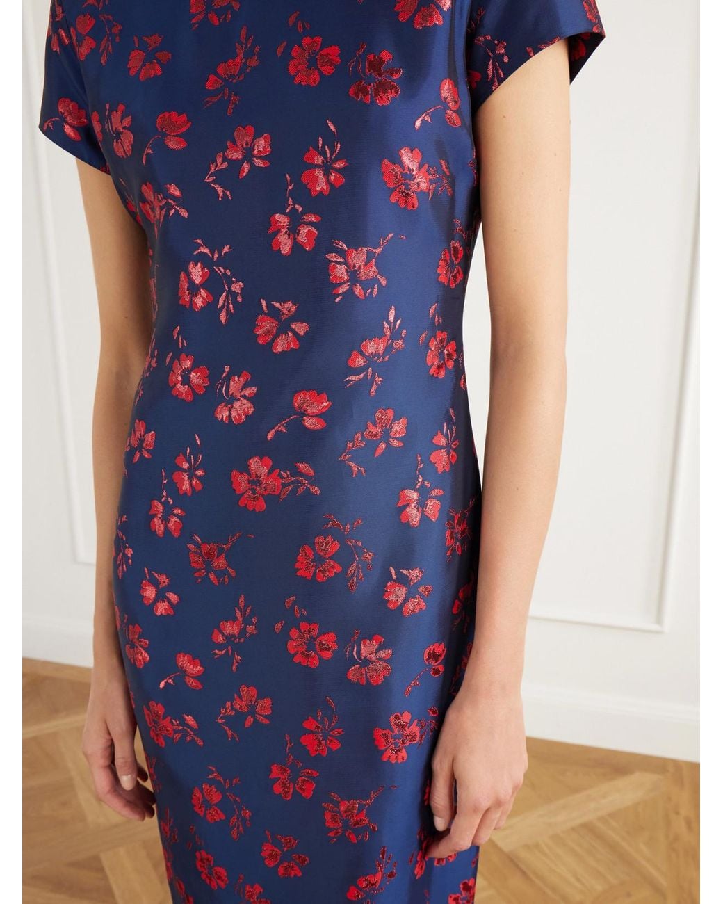 D'Estree Purple Celia Floral-Jacquard Taffeta Midi Dress