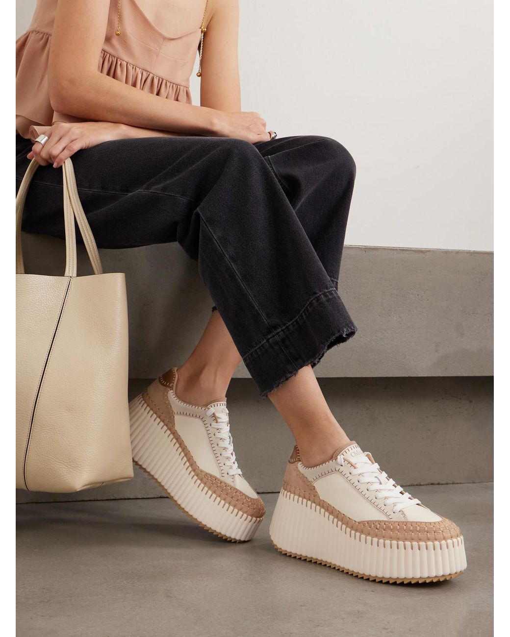 Chloé Natural Nama Suede-Trimmed Leather Platform Sneakers
