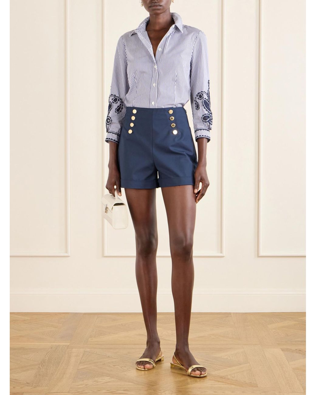 Carolina Herrera Blue Embroidered Striped Cotton-Poplin Shirt