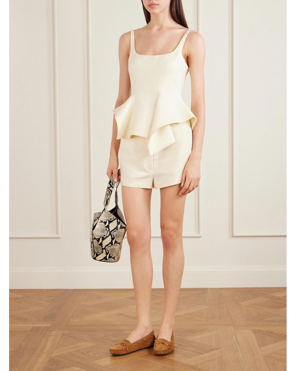 Khaite White Loa Linen Peplum Top