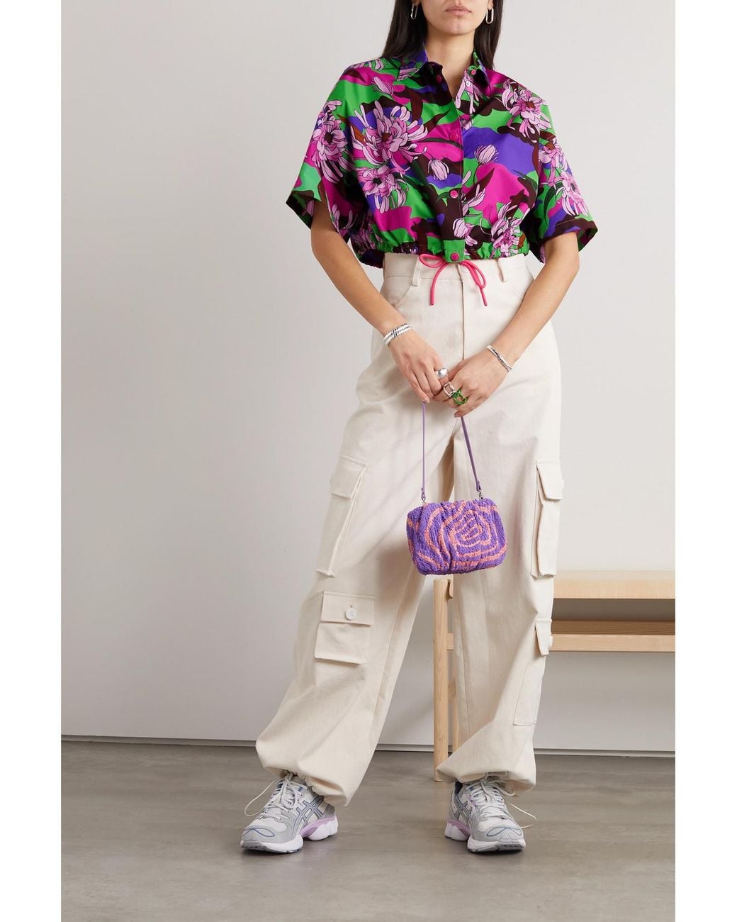 Moncler Pink Cropped Floral-Print Cotton-Poplin Shirt