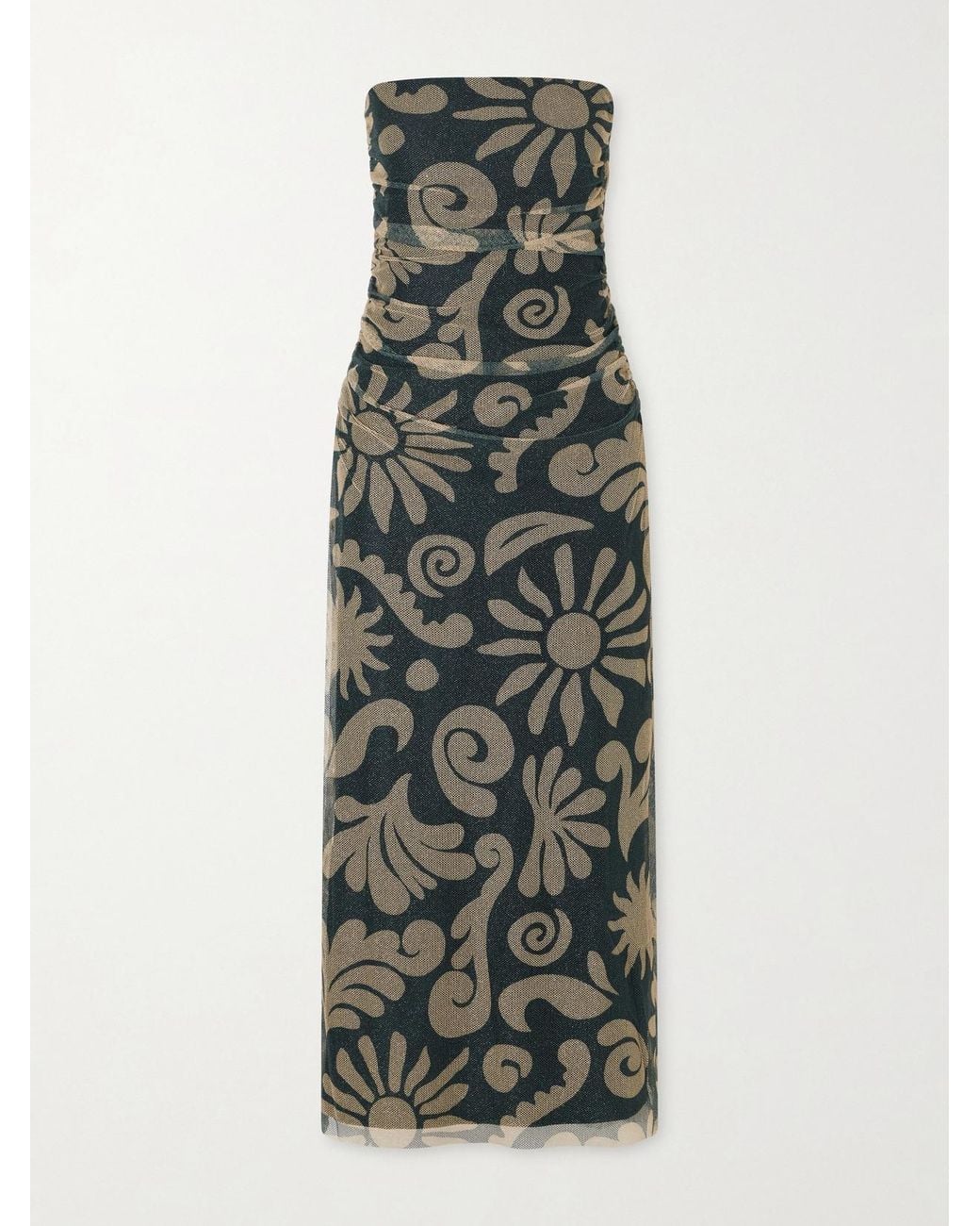 Cala De La Cruz Black Daphne Ruched Printed Mesh Midi Dress