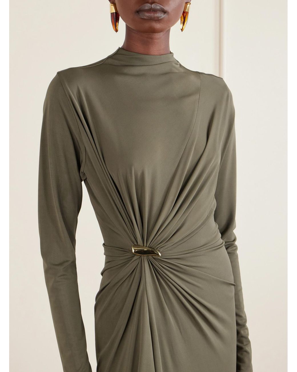 Bottega Veneta Green Asymmetric Embellished Gathered Jersey Maxi Dress