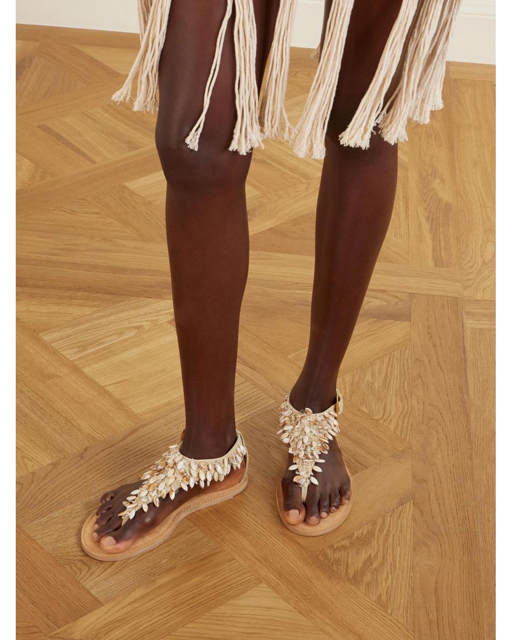 Balmain Natural Runway Bead-Embellished Suede Sandals