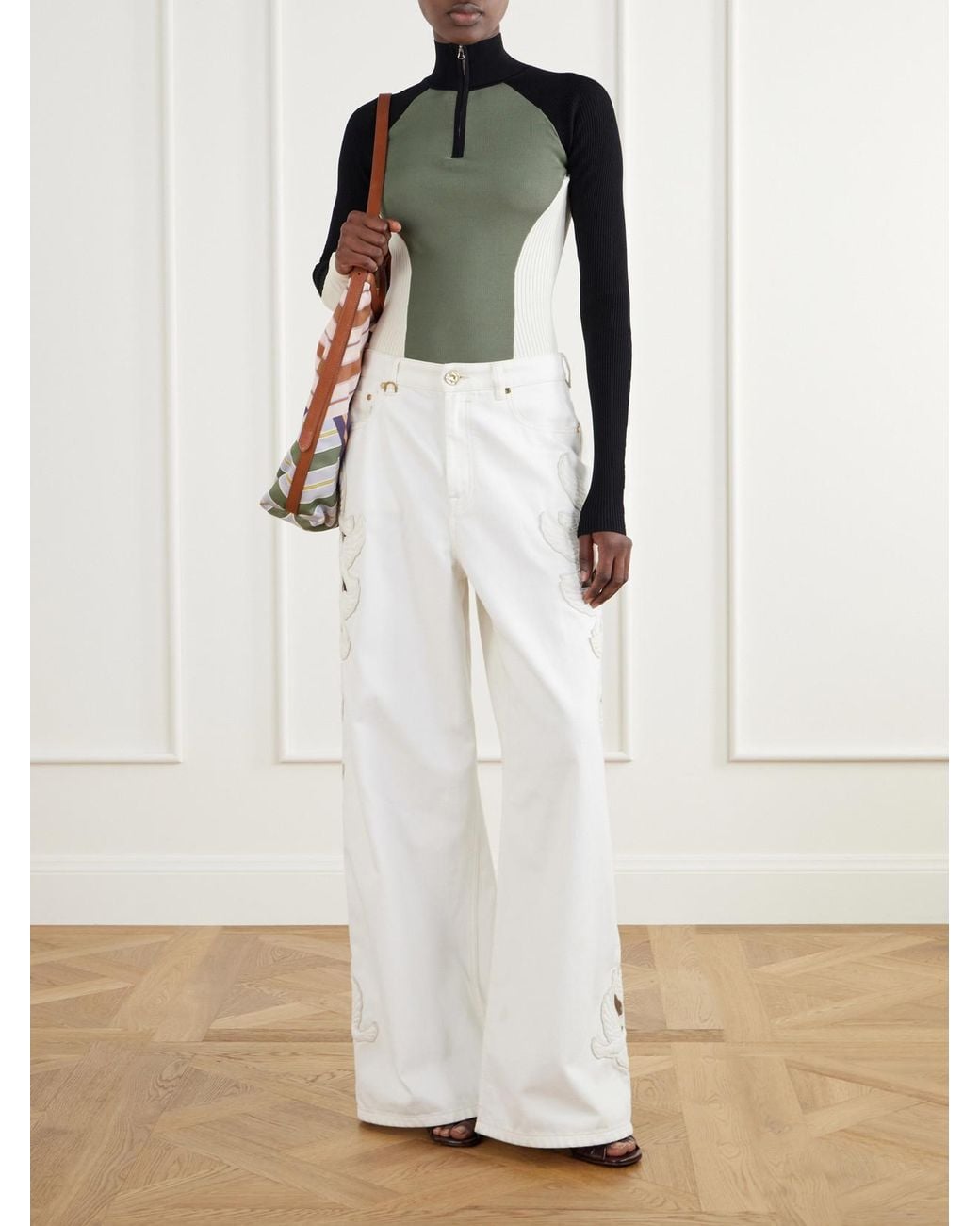 Zimmermann Green Clash Ribbed Jersey Half-Zip Sweater