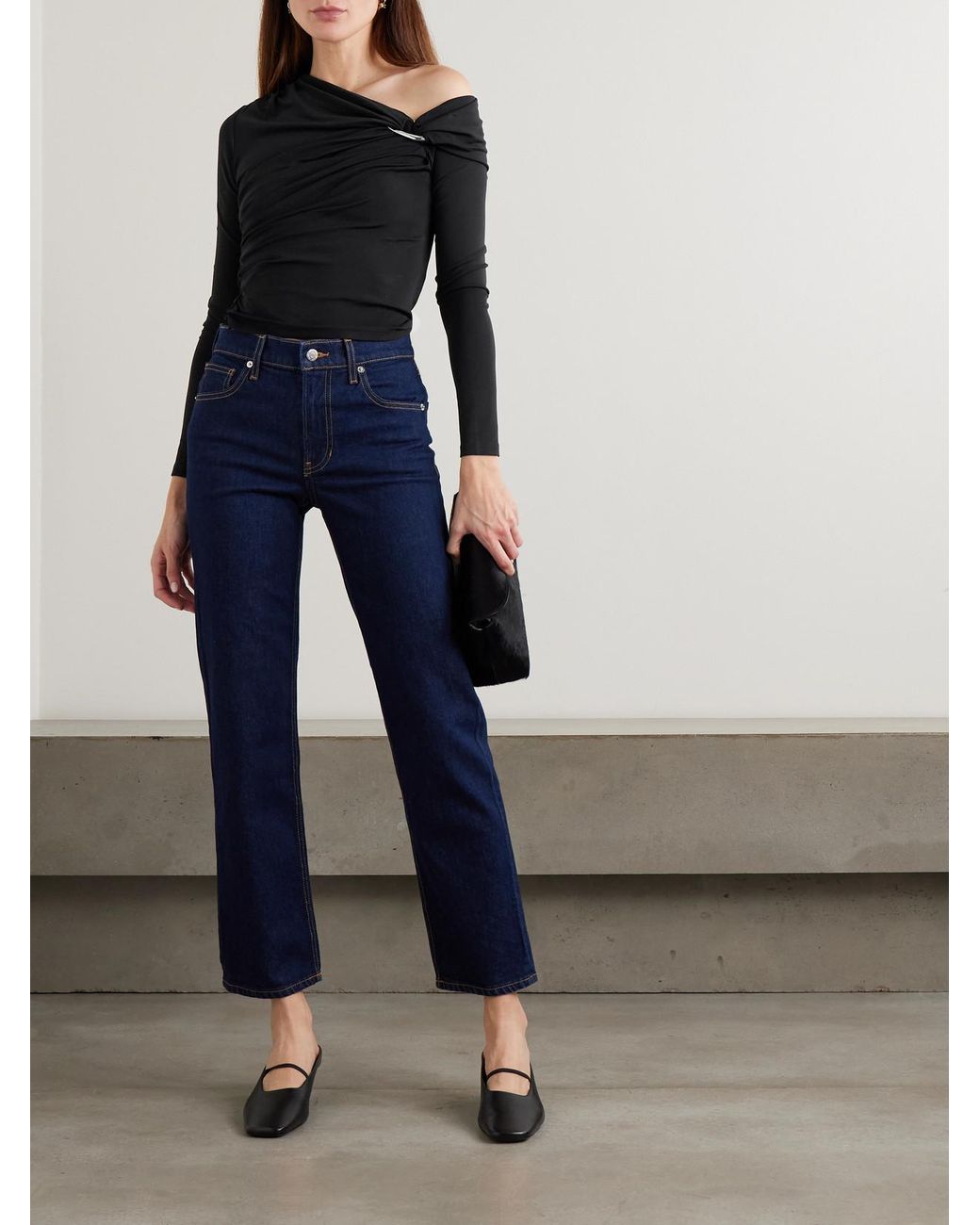 Veronica Beard Black Lozea Asymmetric Embellished Stretch-Mesh Top