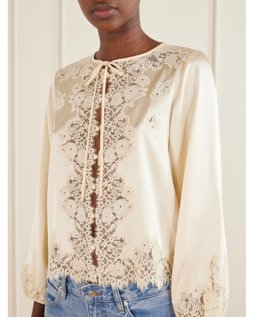 Doen Natural Lucine Lace-Trimmed Silk-Satin Blouse