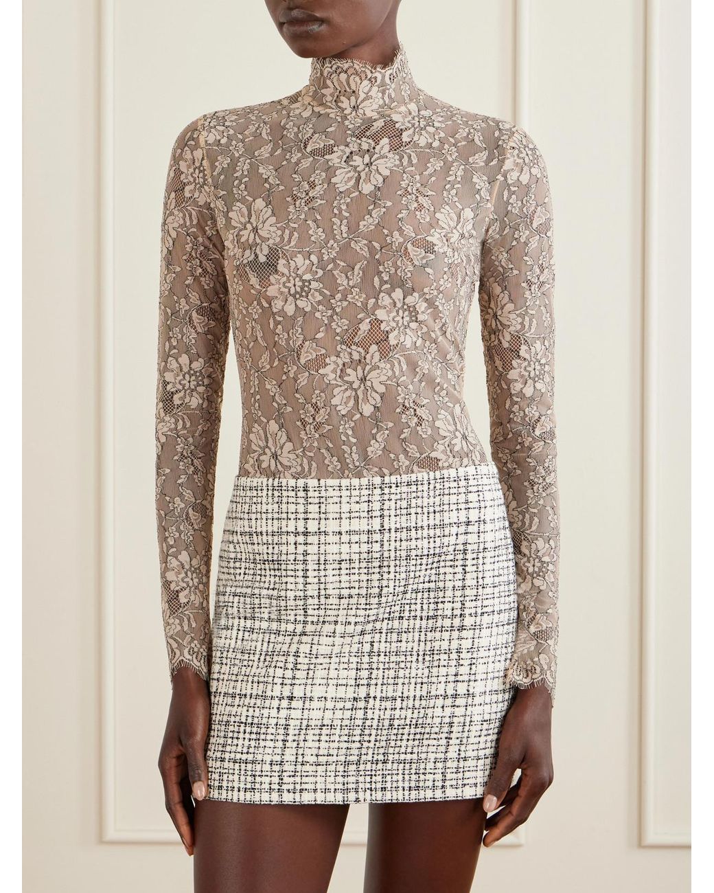 Valentino Garavani Natural Scalloped Lace-Jersey Bodysuit