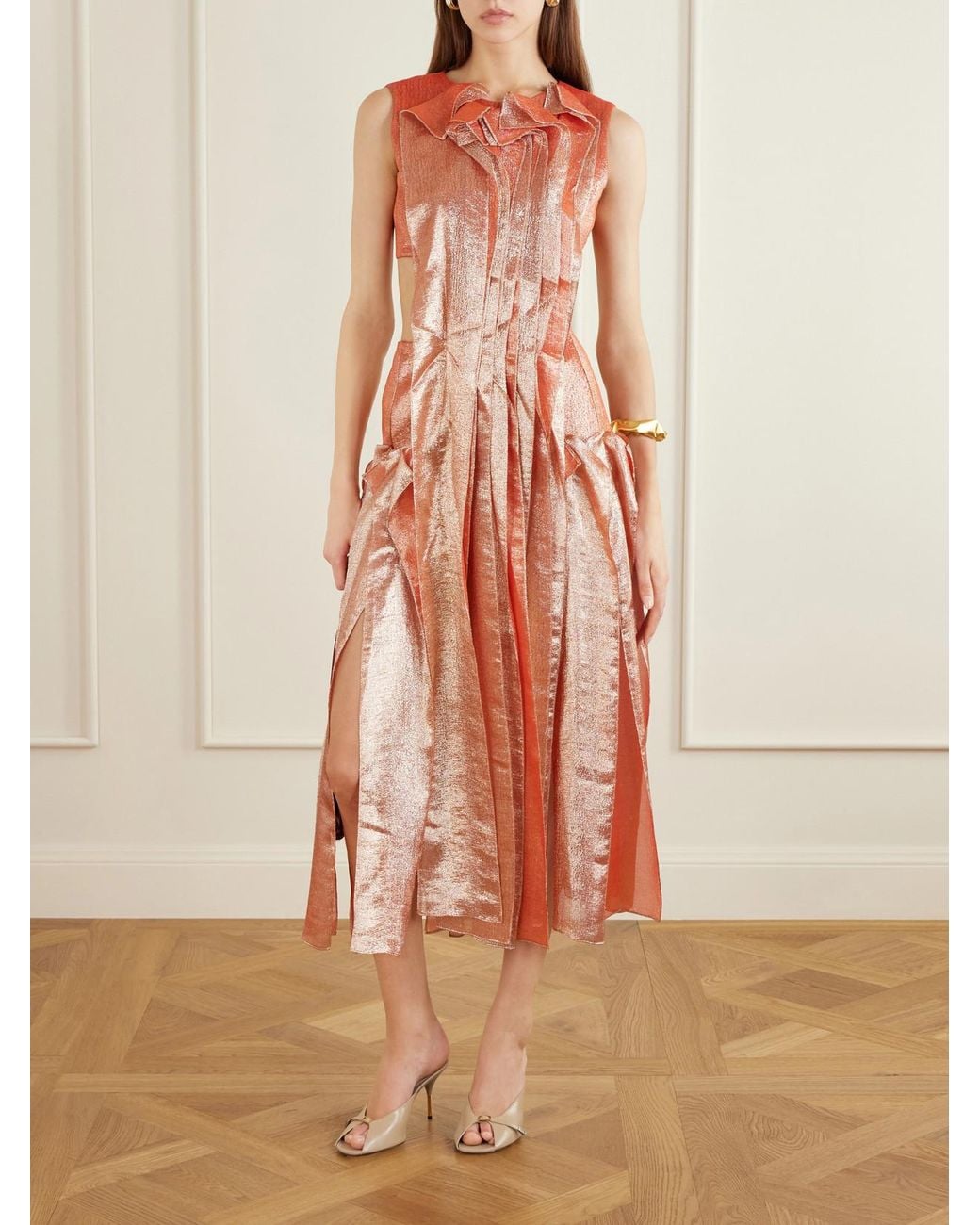 Maticevski White Trailblaze Ruffled Metallic Brocade Gown