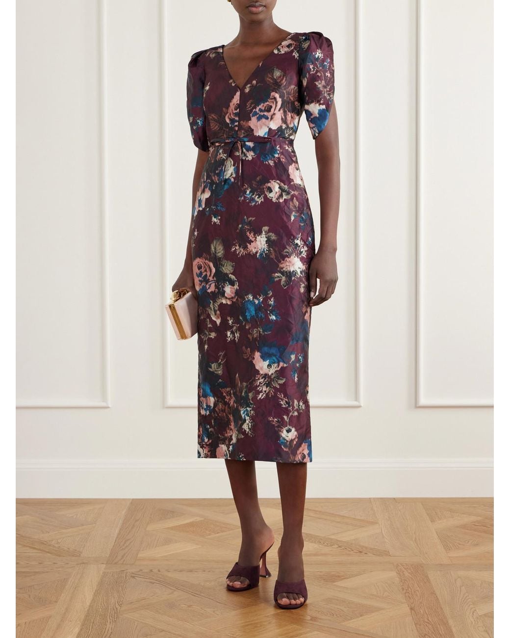 Erdem Purple Belted Floral-Print Crinkled Satin Midi Dress