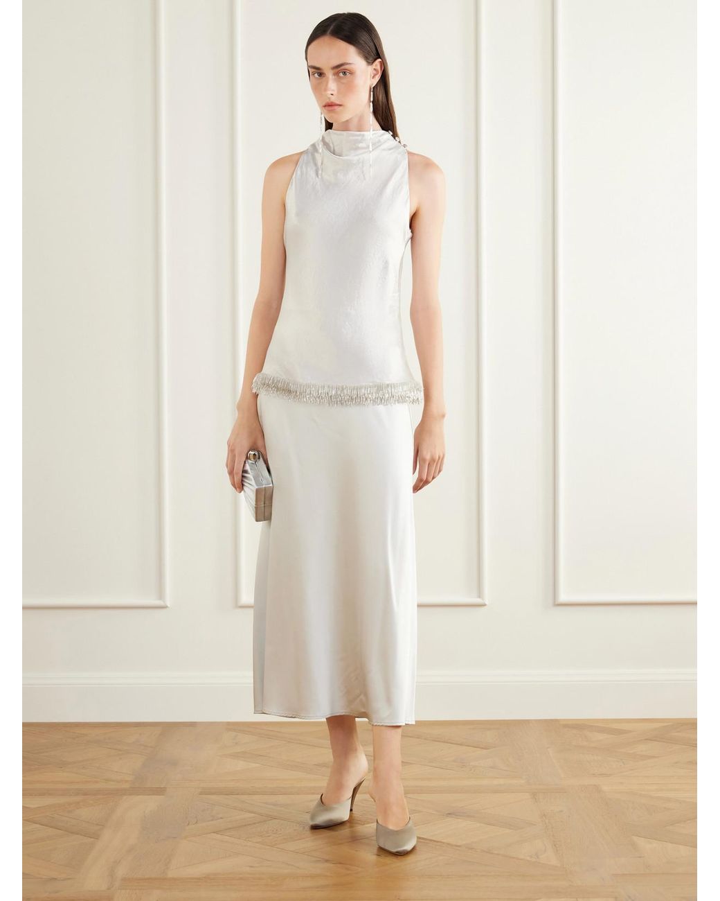 Abadia White Farah Bead-Embellished Satin Top