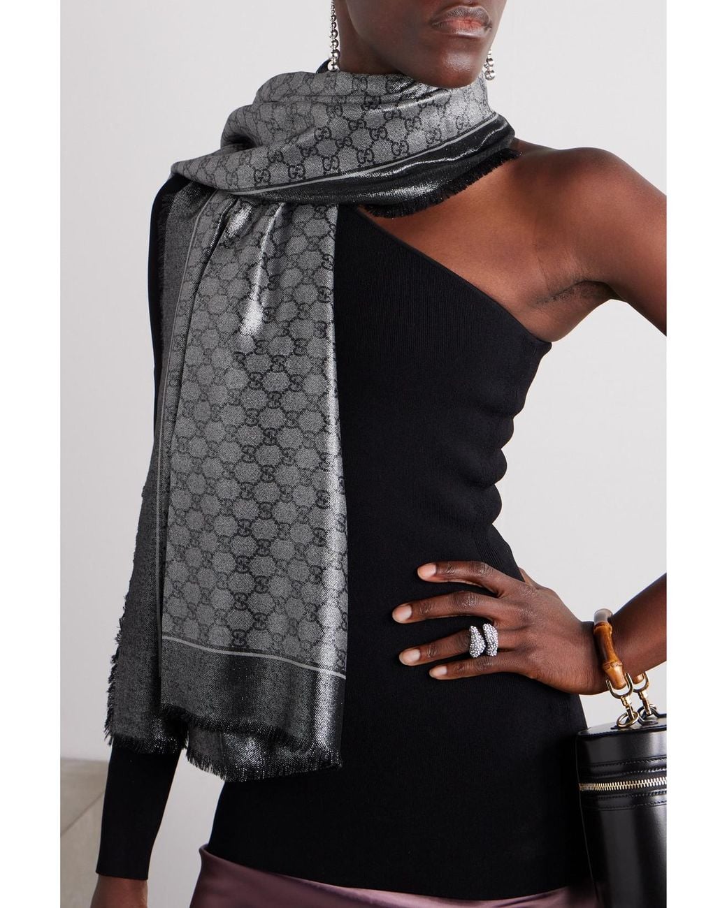 Gucci Gray Fringed Metallic Wool-Jacquard Scarf