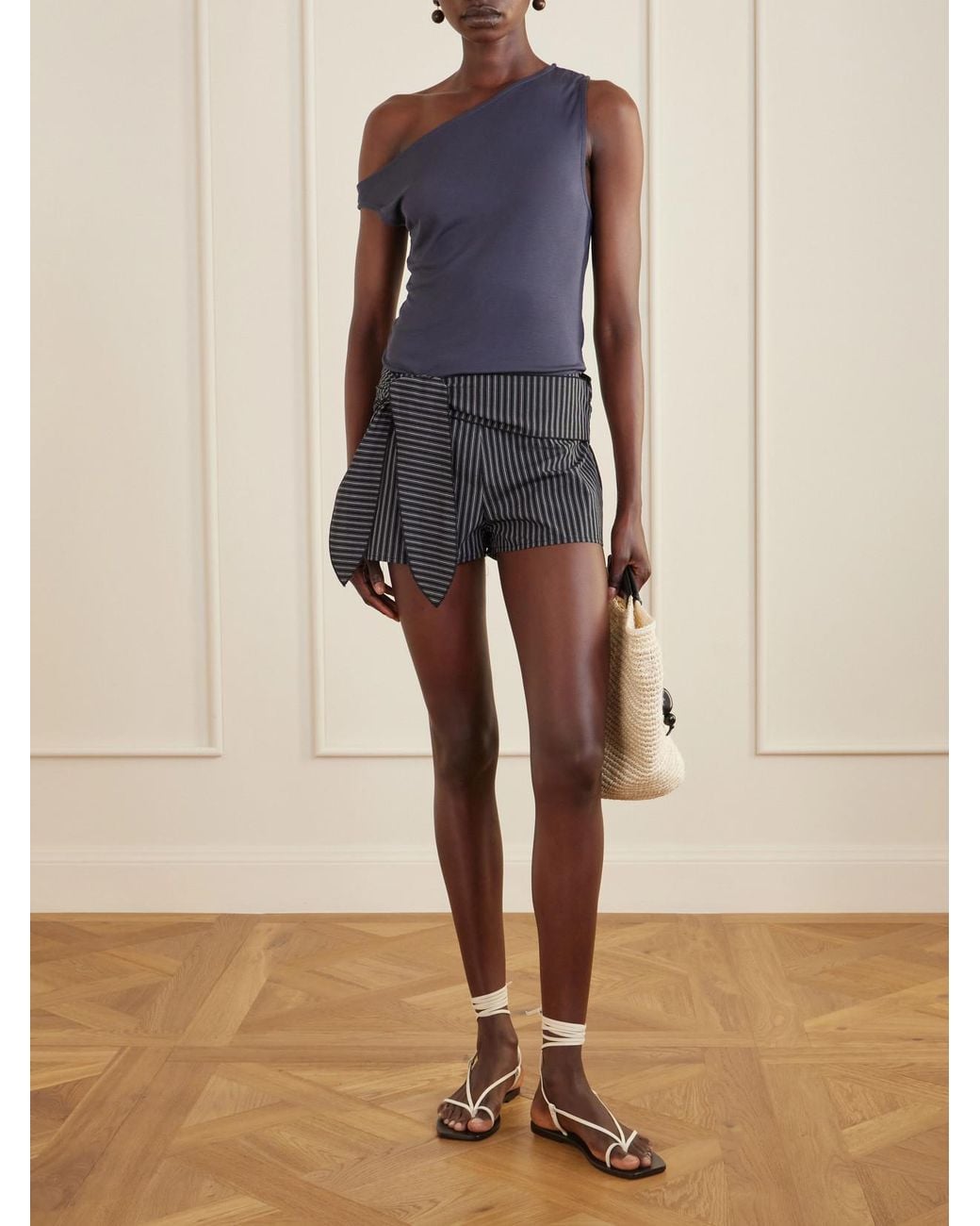 Deiji Studios Black Belted Striped Organic Cotton Shorts