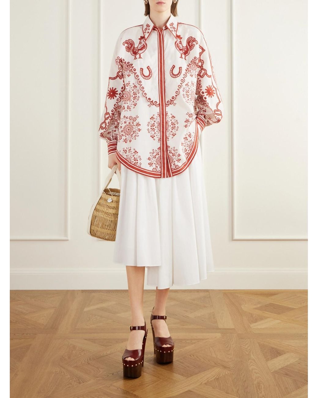 ALÉMAIS Giddy Scalloped Embroidered Printed Cotton-Poplin Shirt