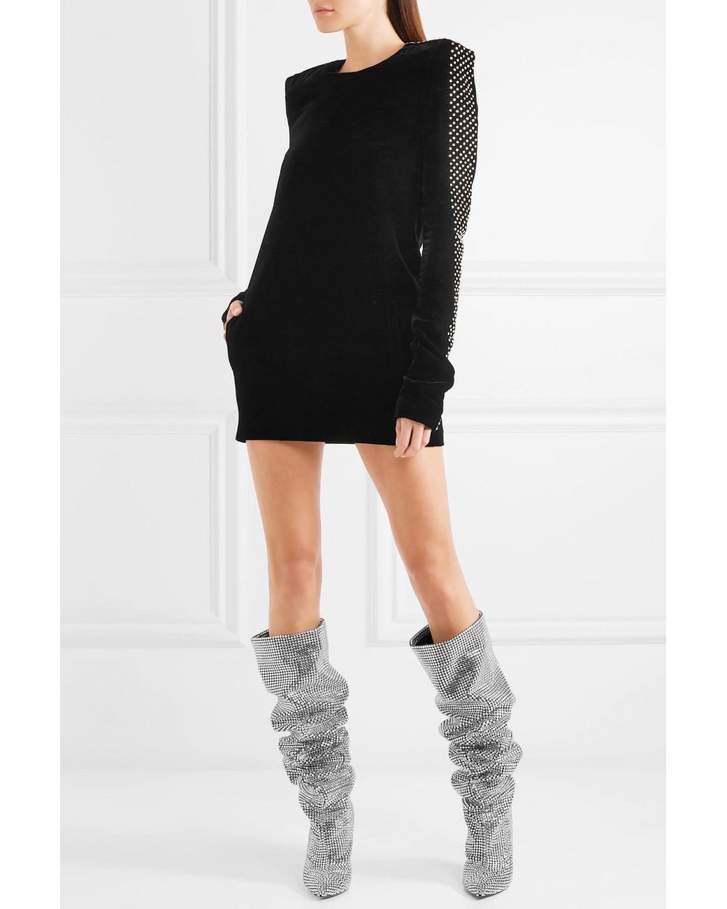 Saint Laurent Niki Swarovski Crystal-embellished Leather Knee Boots in  Black | Lyst