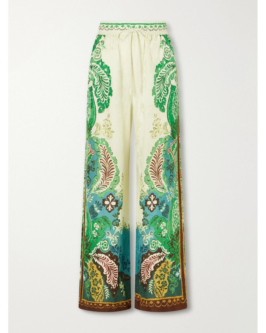 ALÉMAIS Green Florence Drawstring Floral-Print Satin-Jacquard Wide-Leg Pants