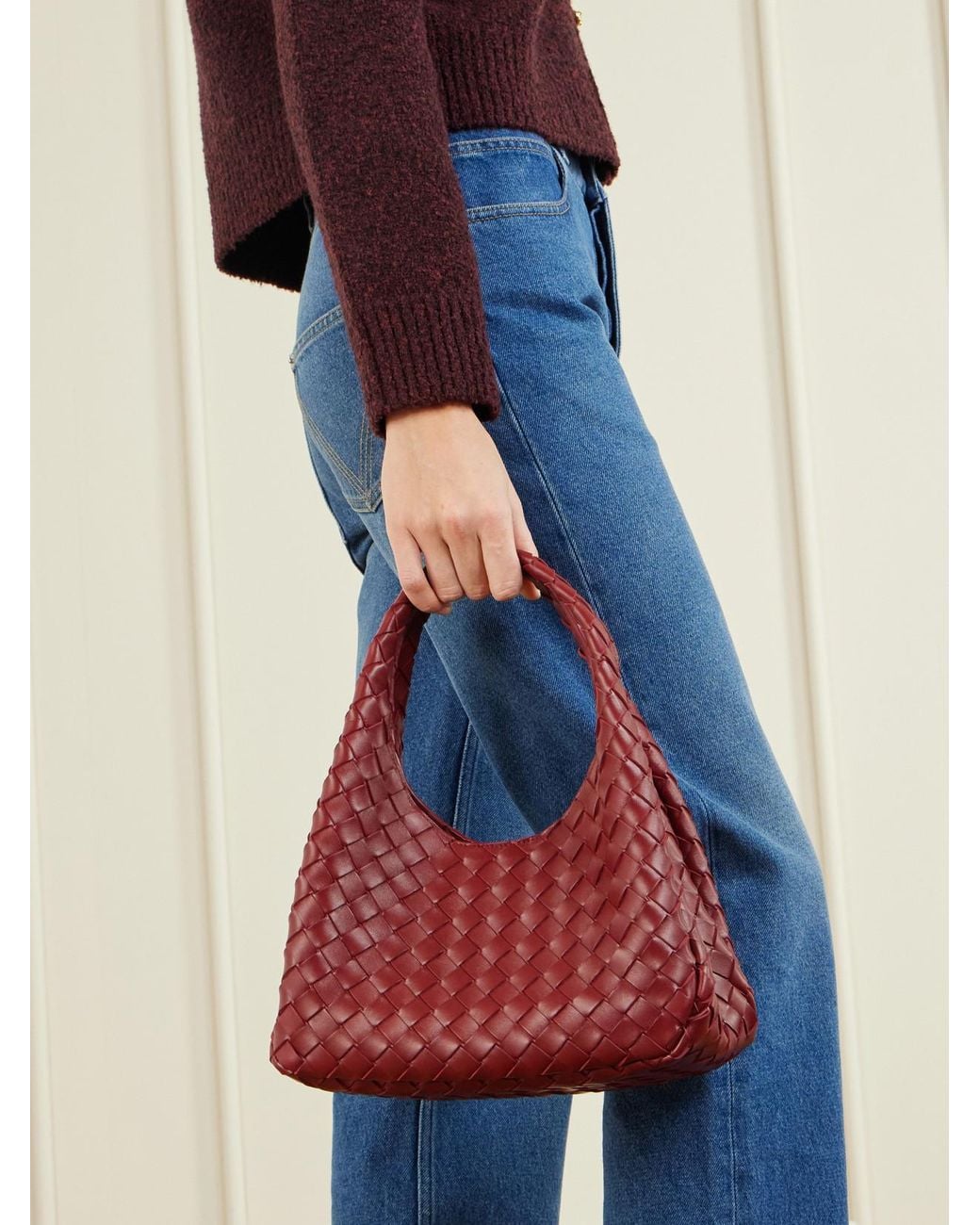 Bottega Veneta Red Campana Small Intrecciato Leather Shoulder Bag