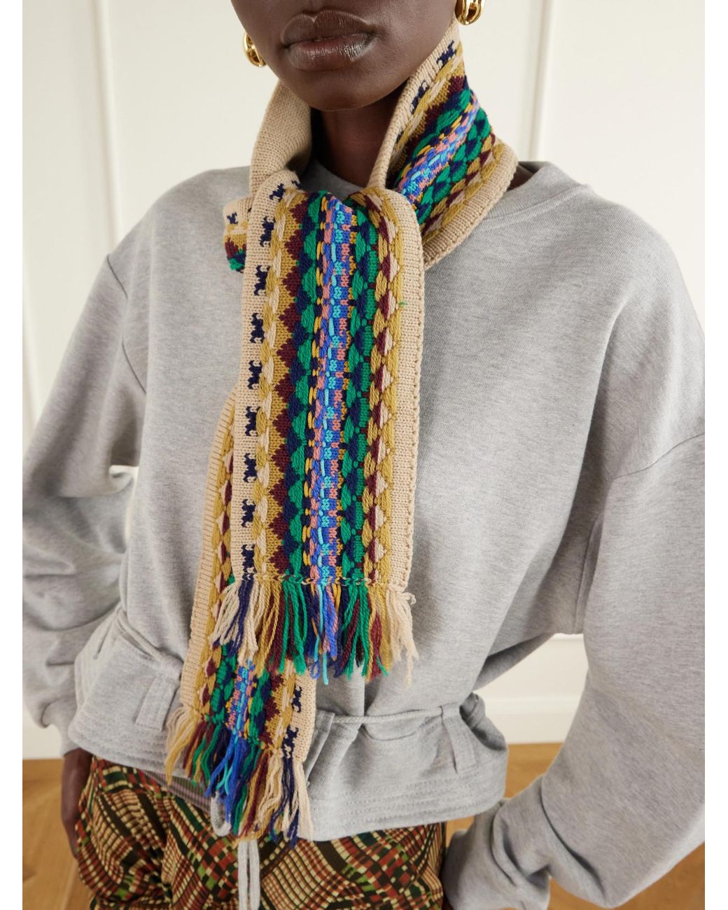 Dries Van Noten Blue Fringed Intrasia-Knit Wool Scarf