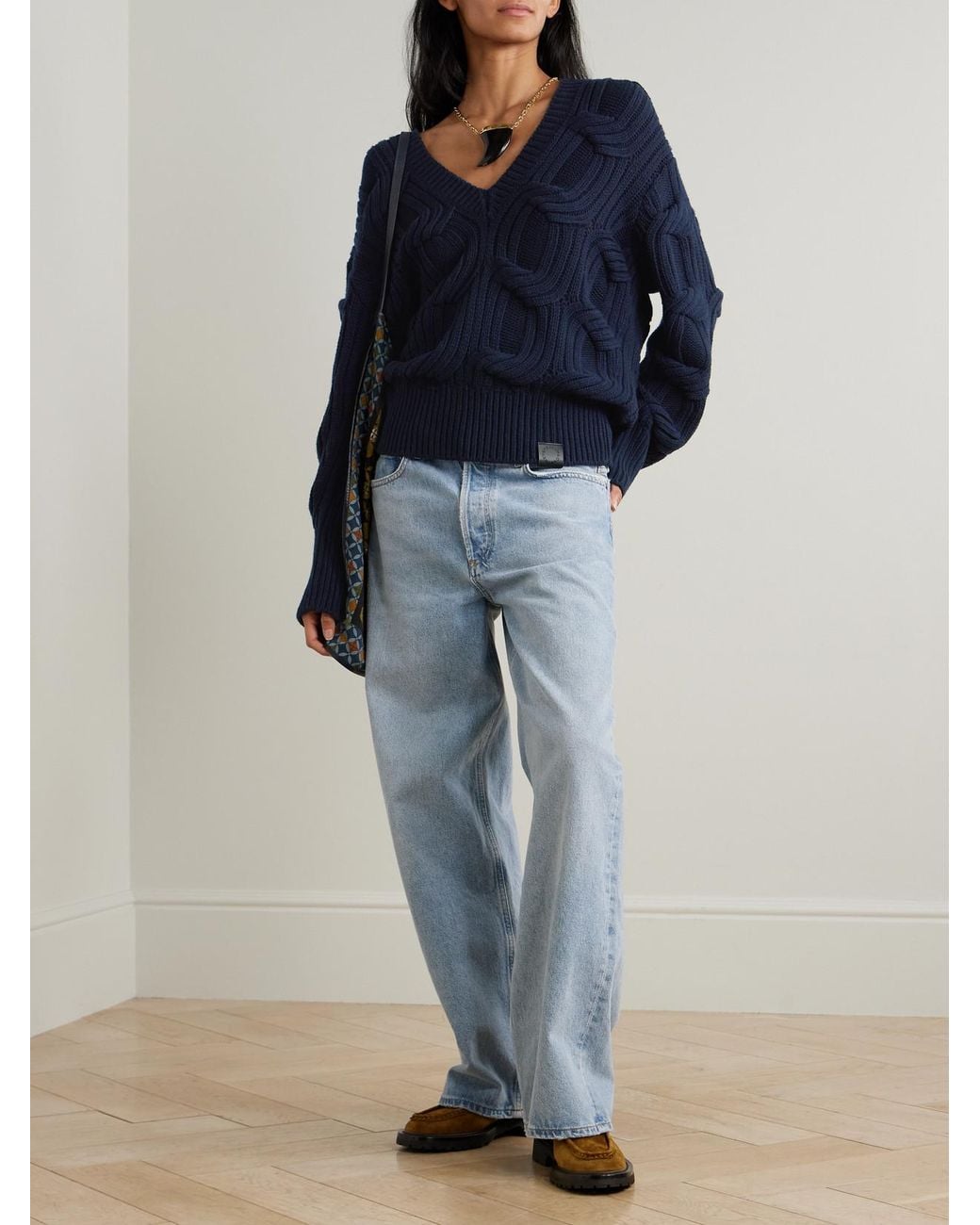 Stella McCartney Blue Falabella Cable-Knit Wool Sweater