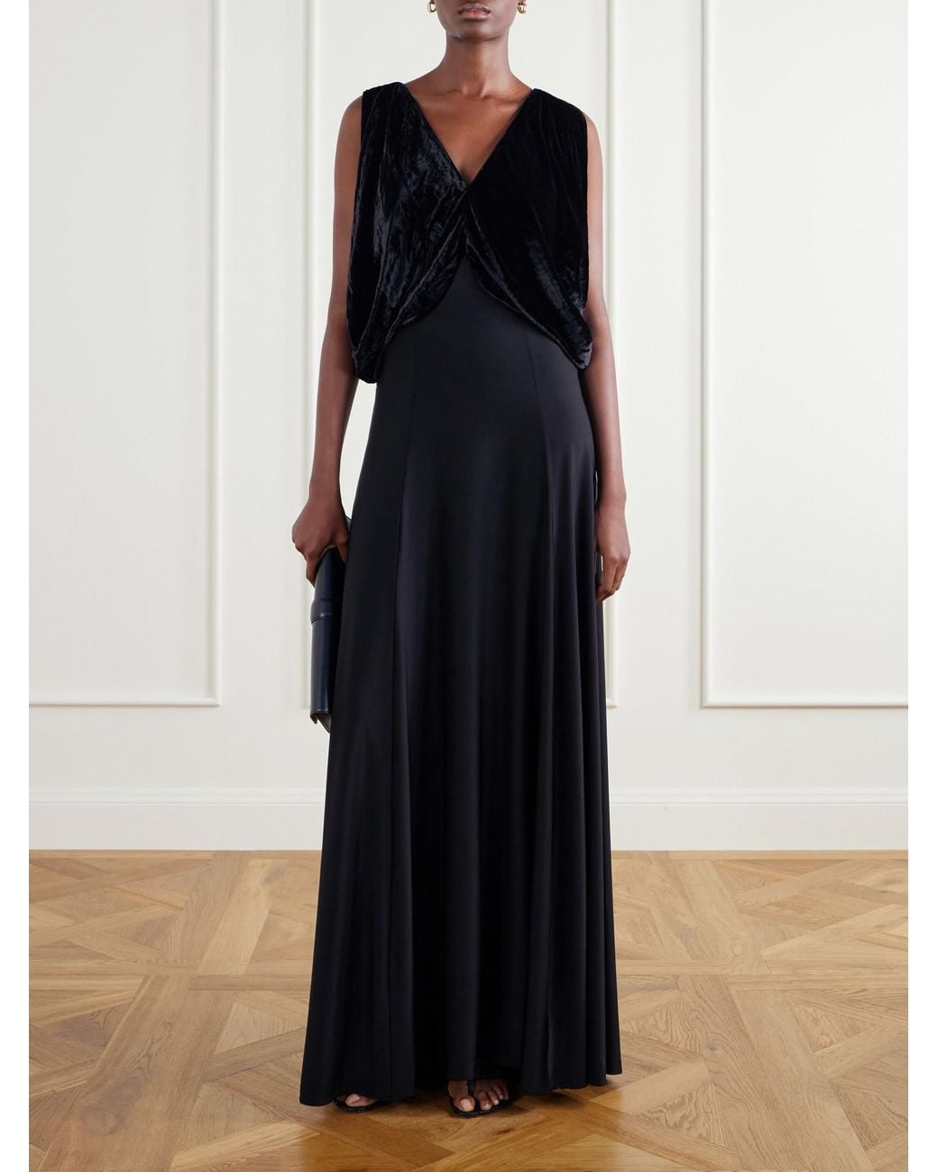 Abadia Black Laila Draped Velvet And Twill Gown