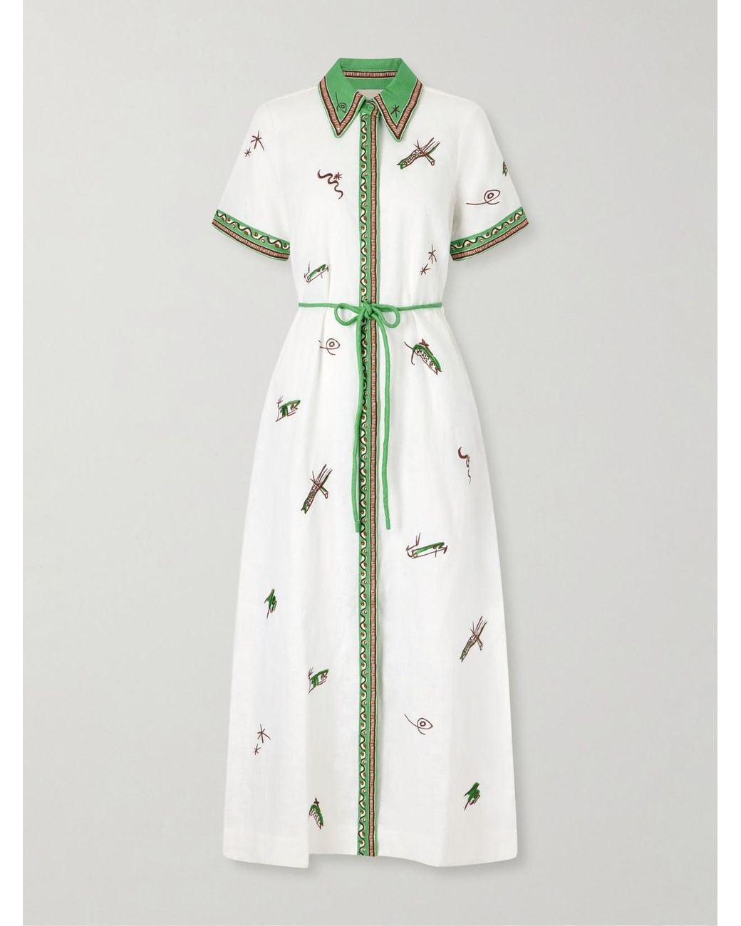 ALÉMAIS Natural Wanda Belted Embroidered Linen Midi Shirt Dress