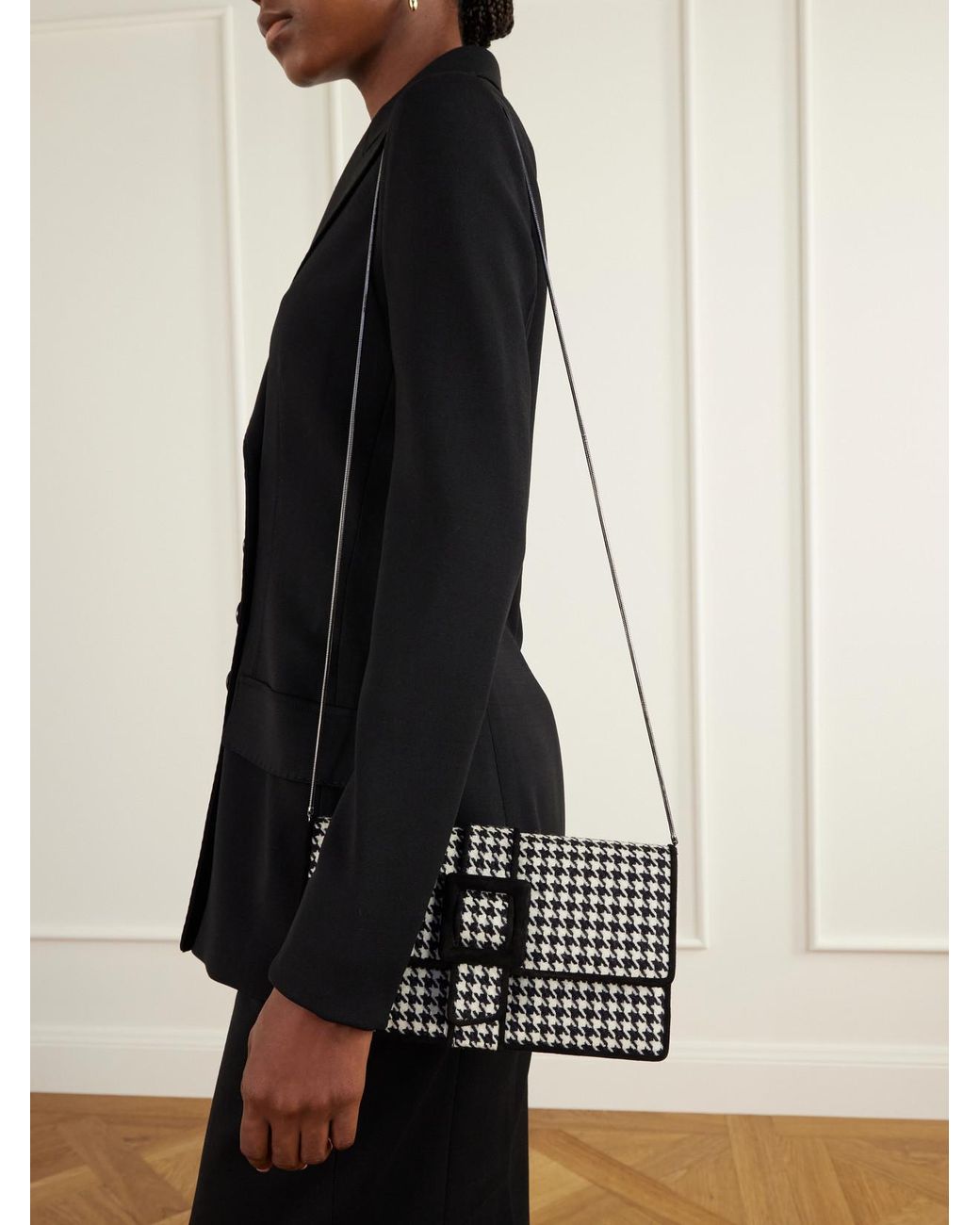 Manolo Blahnik Black Maycap Suede-Trimmed Houndstooth Wool Clutch