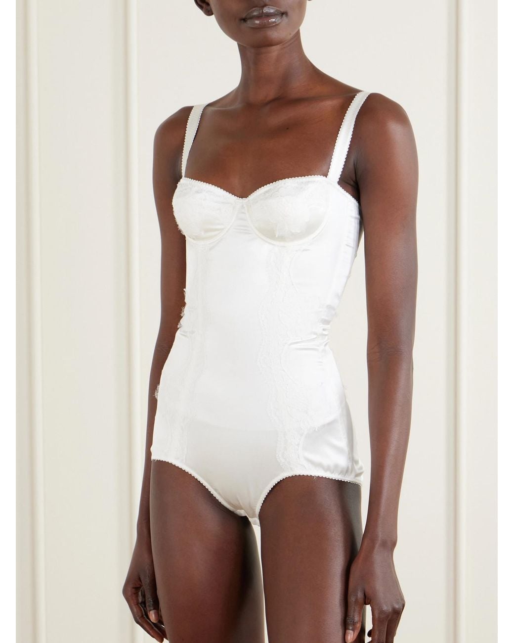 Silk balconette-bra bodysuit with lace detailing