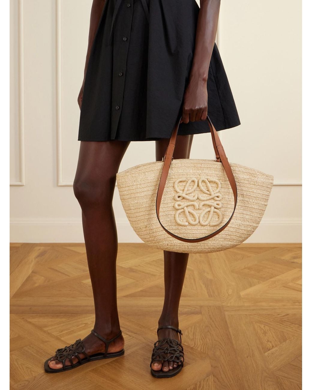Loewe Natural Paula's Ibiza Eclipse Basket Medium Leather-Trimmed Raffia Tote