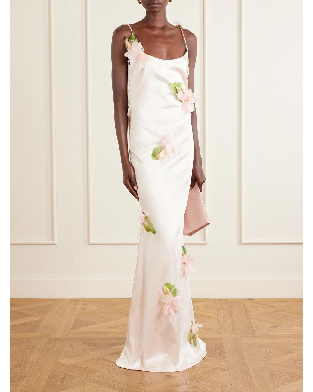 Ilkyaz Ozel Natural Mellow Floral-Embellished Satin Gown