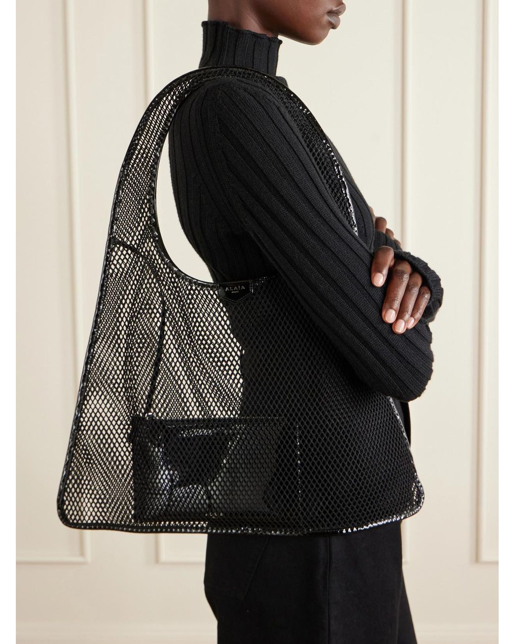Alaïa Black Leather-Trimmed Crocheted Shoulder Bag