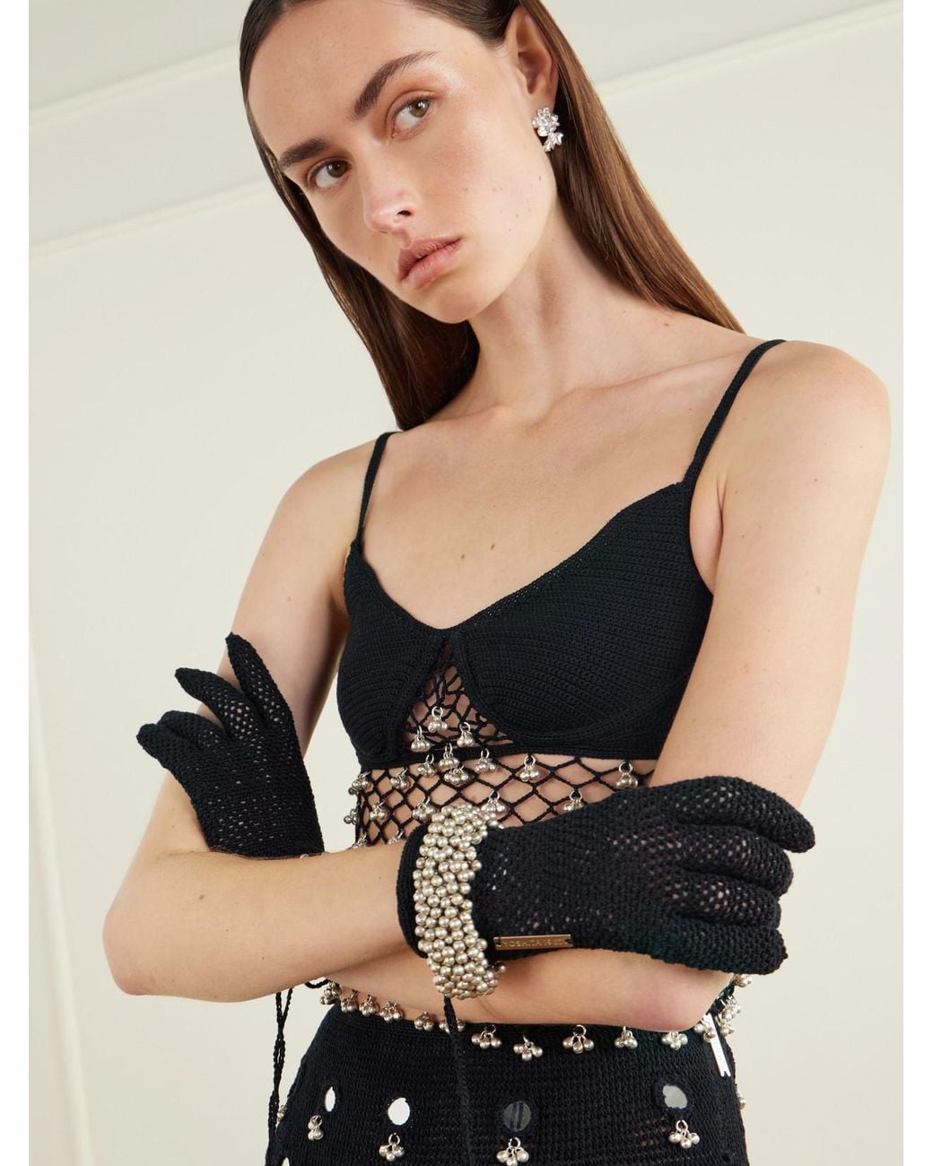 Yoshita 1967 Black Embellished Cotton Crochet-Knit Gloves