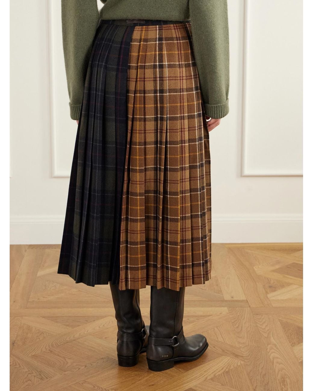Barbour Brown Hazelwood Two-Tone Pleated Checked Flannel Midi Skirt