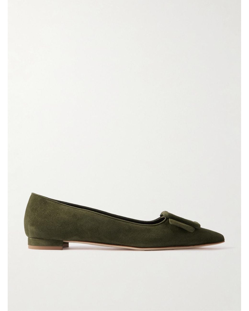 Manolo Blahnik Green Maysale Buckled Suede Point-Toe Flats