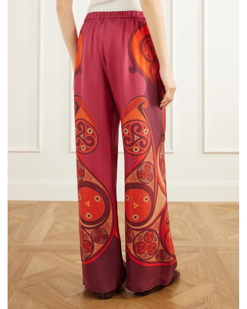 LaDoubleJ Red Club Printed Silk-Twill Wide-Leg Pants