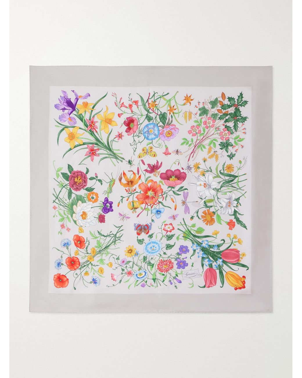 Gucci Gray Flora Floral-Print Silk-Twill Scarf