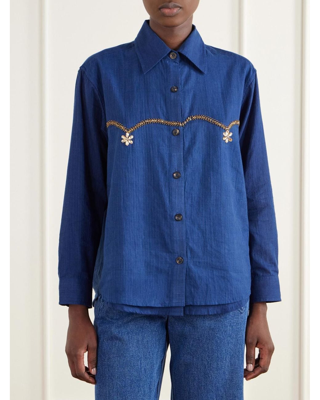 Kartik Research Blue Bead-Embellished Layered Striped Cotton Shirt
