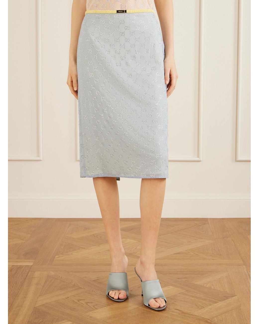 Gucci White Crystal-Embellished Silk-Blend Midi Skirt