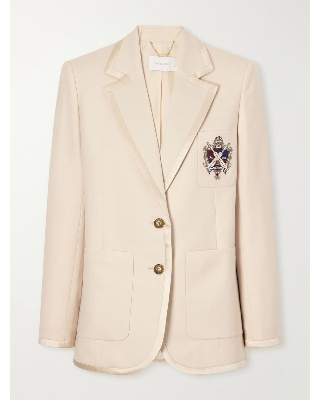 Zimmermann Natural Valiant Logo-Embroidered Satin-Trimmed Wool-Blend Cady Blazer